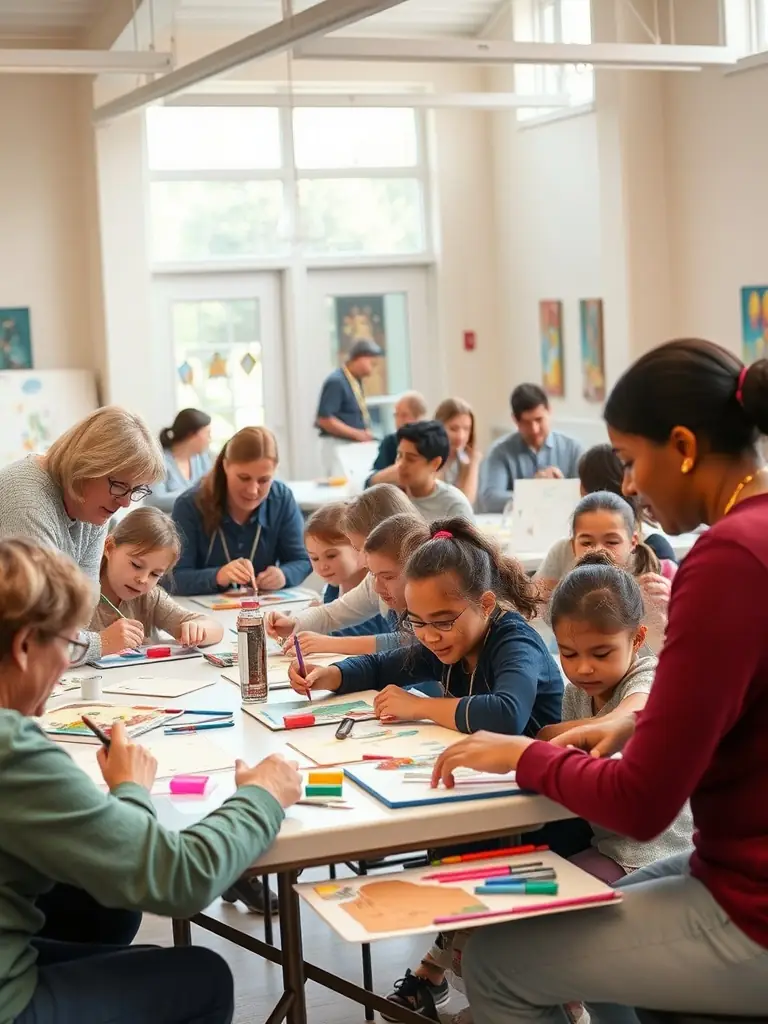 A group of diverse participants engaged in a Community Arts Workshop, creating art together with guidance from instructors in a collaborative environment.