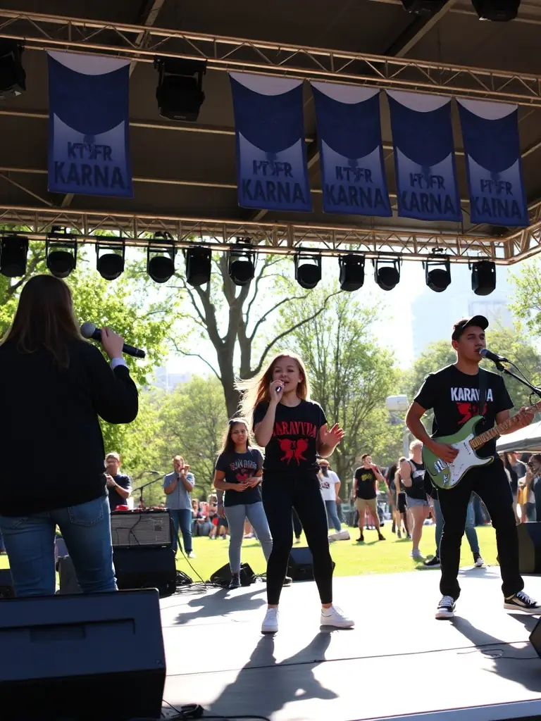 A photo of the Emerging Artists Tour 2021, featuring young artists performing in a public space, with KARAVANA banners visible in the background.