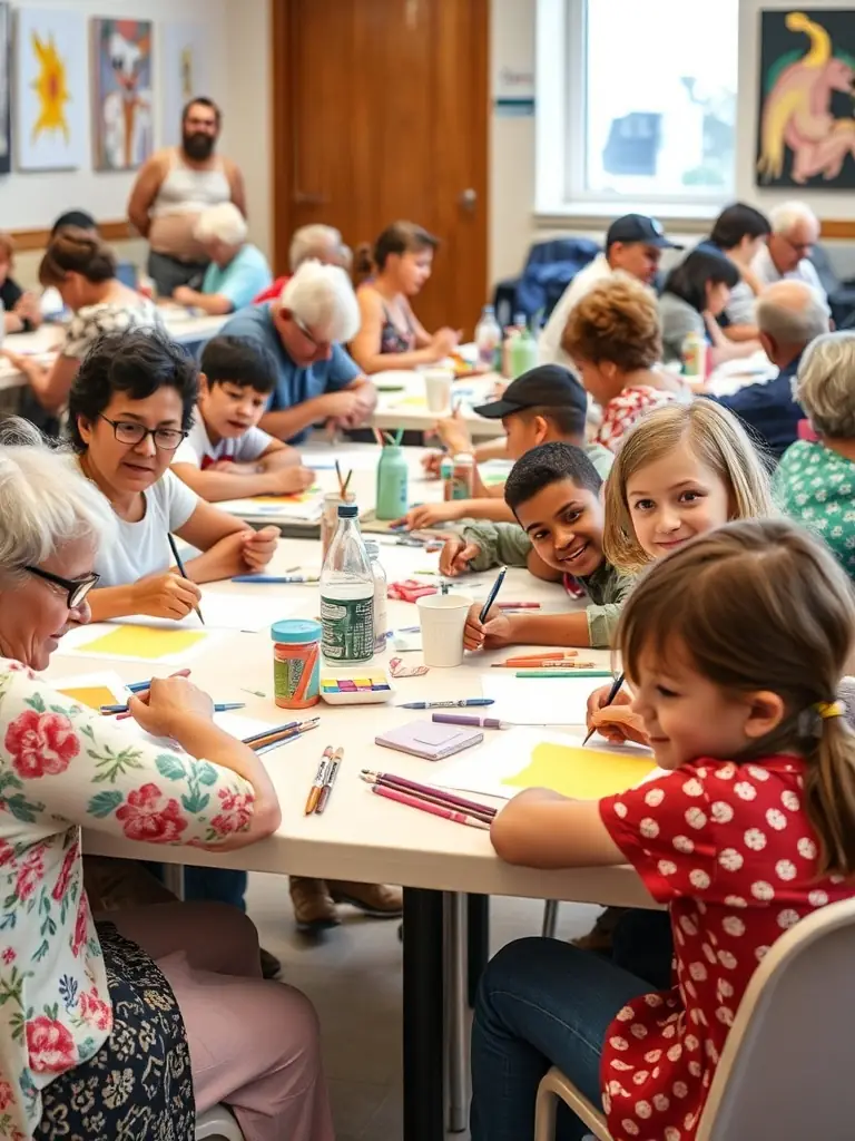 A diverse group of community members participating in a KARAVANA-organized arts workshop, showcasing intergenerational engagement and creative collaboration.