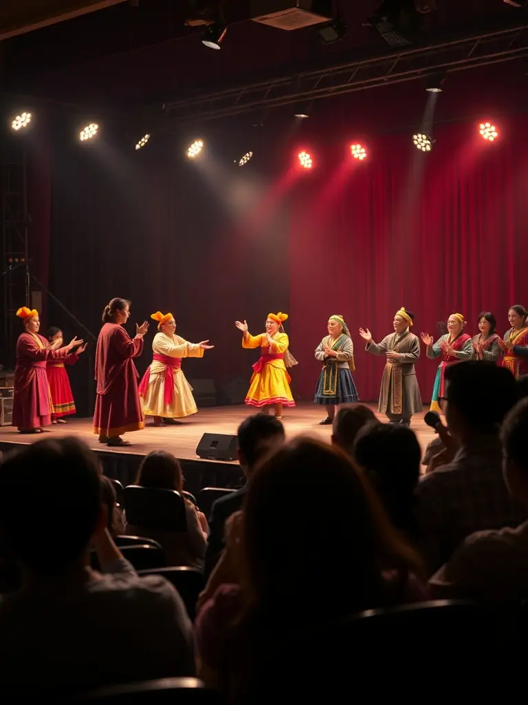 A vibrant image of a KARAVANA-produced cultural show, featuring artists on stage and an engaged audience, highlighting the organization's role in promoting cultural events.