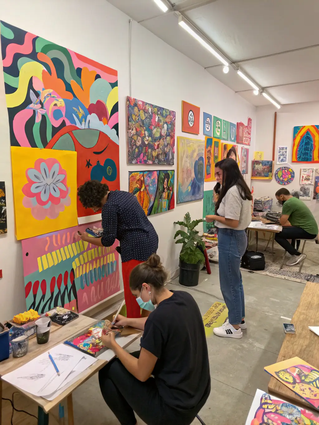 A photo of young artists participating in a KARAVANA-organized community arts workshop, focusing on hands-on creative activities and collaborative learning.