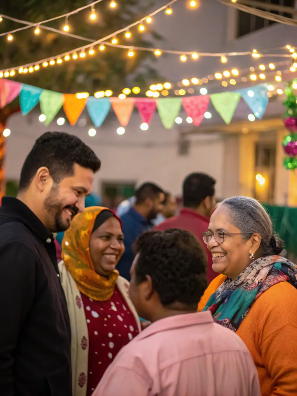 A photo of a community event organized by KARAVANA, showing people of different backgrounds interacting and enjoying the cultural experience, emphasizing social cohesion.