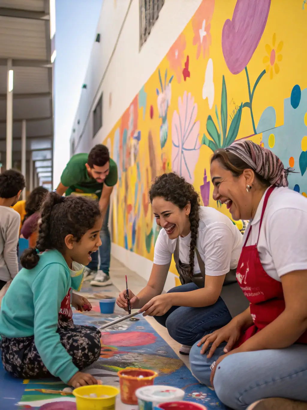 A diverse group of people joyfully participating in a KARAVANA community arts workshop, painting and creating together, fostering a sense of belonging and shared creativity.