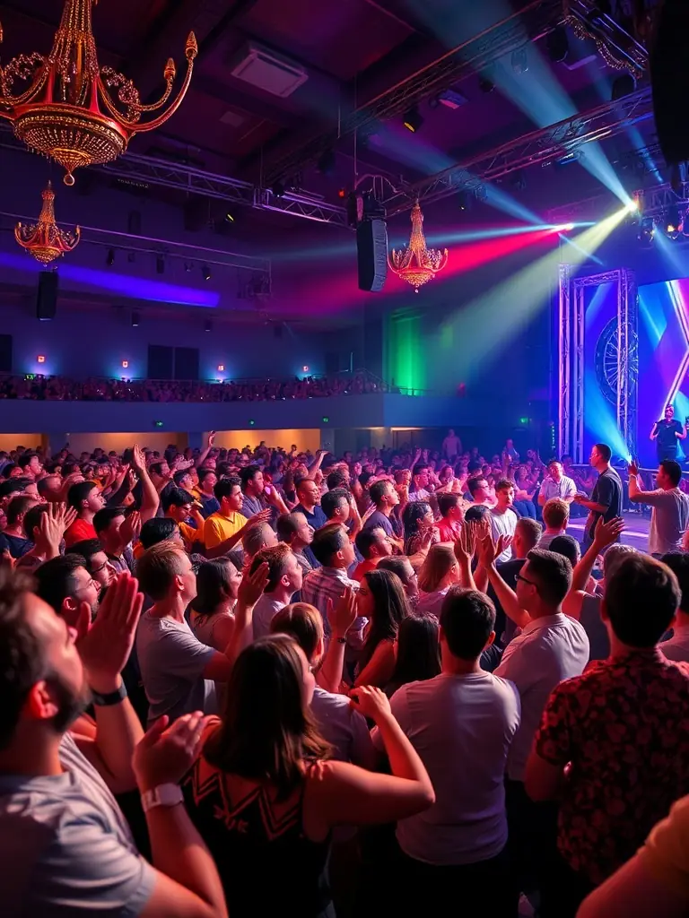 A vibrant image of a KARAVANA cultural show production, featuring diverse performers on stage with colorful lighting and enthusiastic audience members.