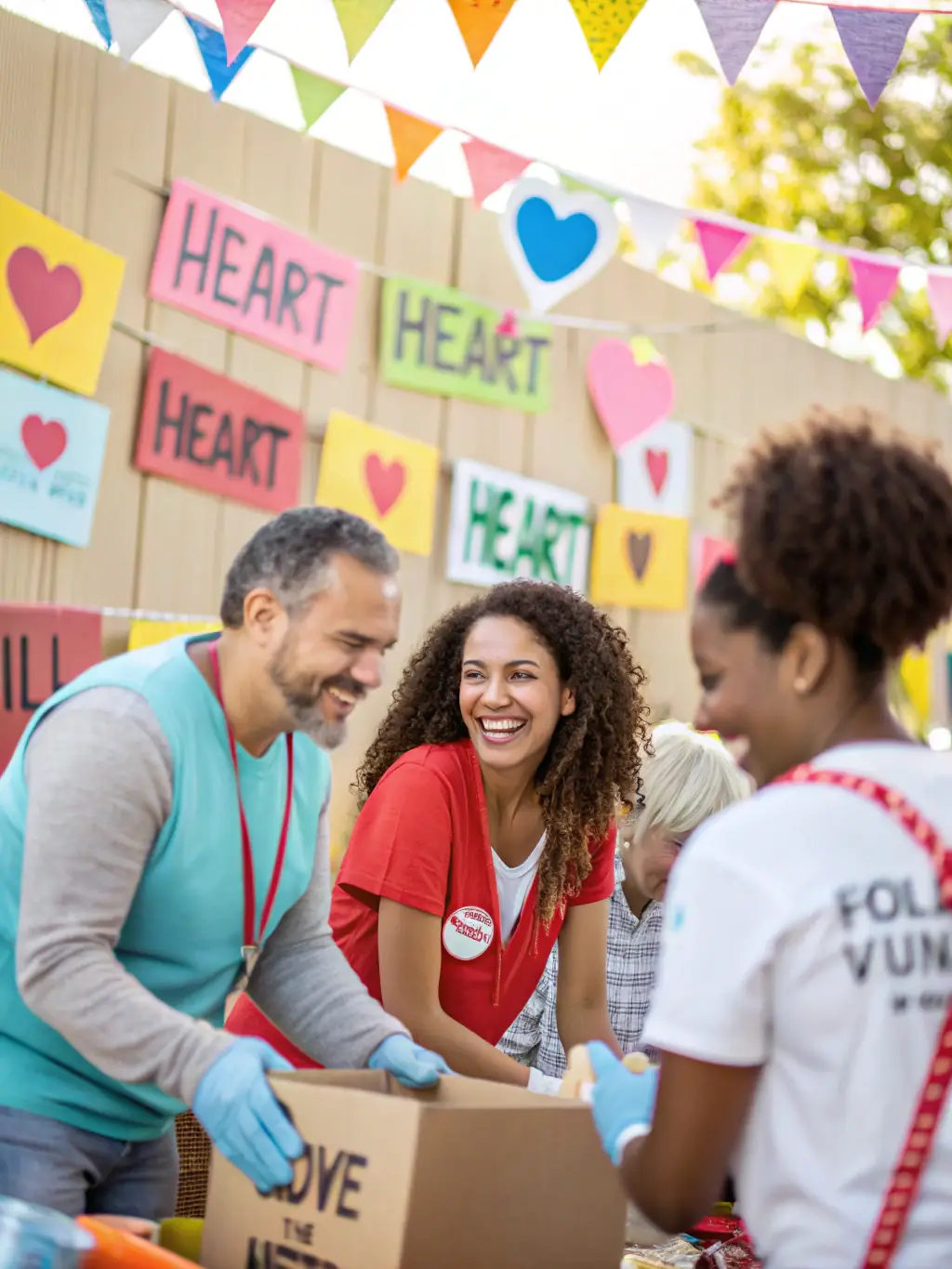 A group of volunteers working together at a KARAVANA event, smiling and contributing to the organization's mission of promoting culture and artistic development.