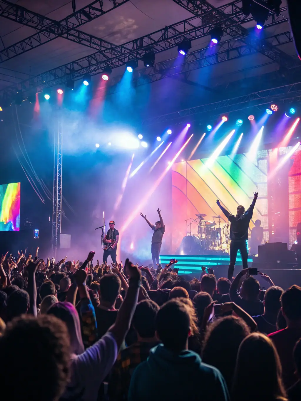 A vibrant image depicting a KARAVANA cultural show production, showcasing diverse performers on stage with colorful lighting and enthusiastic audience members.